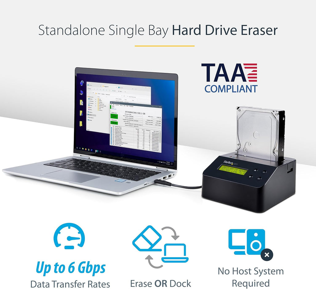 StarTech.com Single Bay Hard Drive Eraser, Standalone HDD/SSD Disk Wiper/Sanitizer, 4Kn, USB 3.0 to SATA III, 9 Erase Modes, LCD, RS232 Printer Port, Hardware Erasing Tool, TAA Compliant (SDOCK1EU3P2)