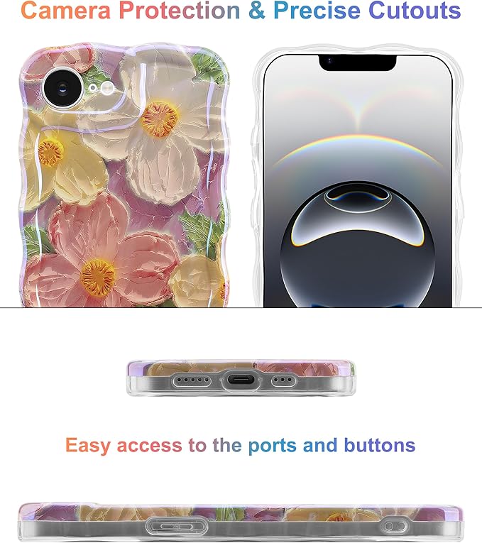 Jusy Compatible with iPhone 16e, Colorful Retro Oil Painting Printed Flower Laser Blue Glossy Pattern Cute Curly Wave Phone Case Soft TPU Cover for Girly Women - Pink