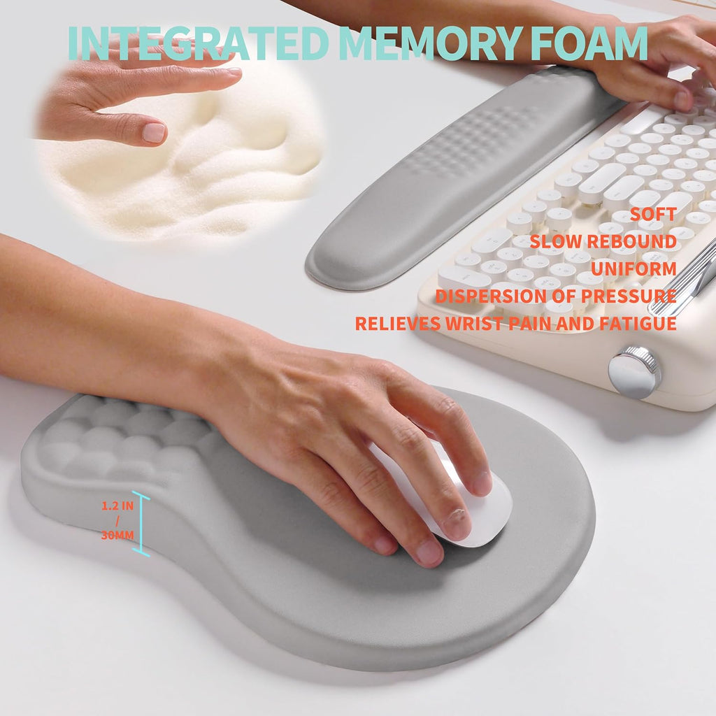 2-in-1 Ergonomic Set, Wave Rise Keyboard Wrist Rest and Massage Bulge Slope Mouse Pad Wrist Support, Cushion Memory Foam Integrated to Relieve Wrist Pain, Silver Gray