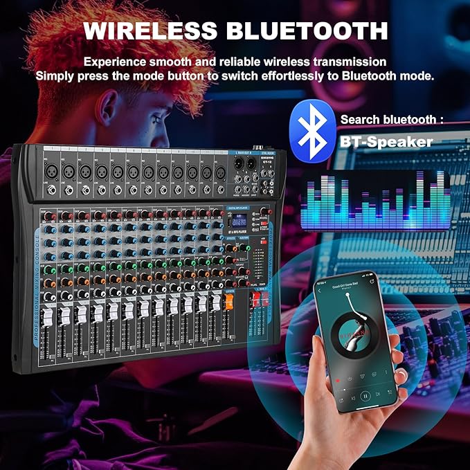 12 Channel Audio Interfacer Sound Board Mixer DJ Mixer 16-Bit DSP Effect USB Audio Mixer +48V Phantom Power Bluetooth Mixer for Karaoke Studio Streaming Recording,Live Streaming