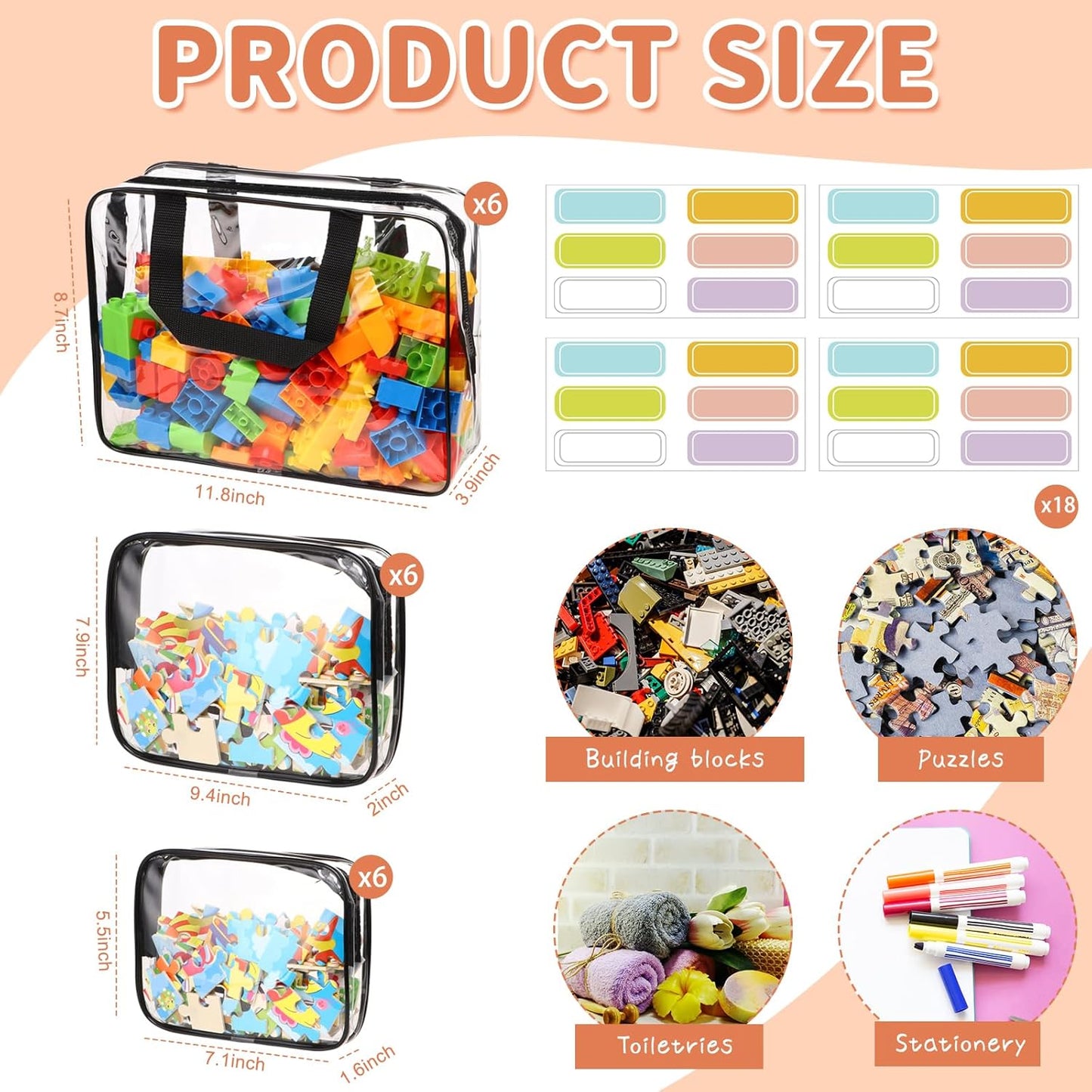 18 Packs Large Toy Storage Bags with Labels, Clear PVC Bags Travel Waterproof Kids Toy Organizer Bags with Zipper for Building Blocks Puzzle Kids Books (Black)