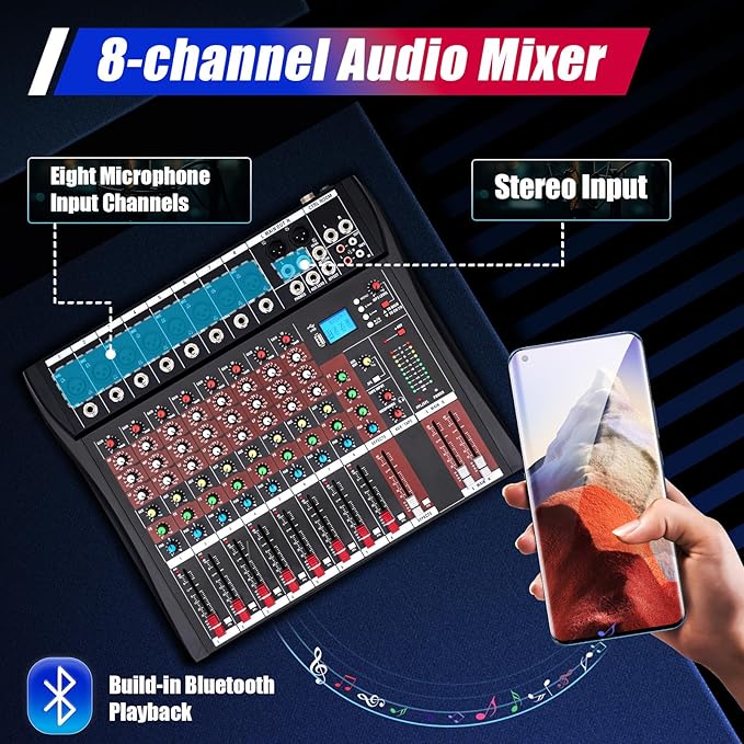 8 Channel Audio Mixer, Bluetooth Studio Mixer Audio DJ Sound Board Controller with USB, Sound Mixer Console Mixing Board for Professional and Beginners (8 Channel)