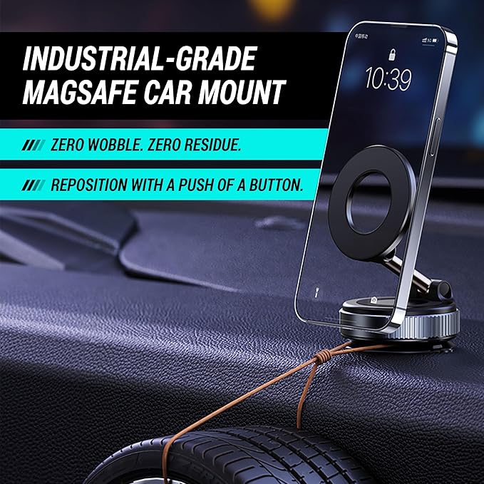 CARMOUNT Clutch–X One – Cell Phone Car Mount for iPhone – 360° Magnetic Phone Holder for Car, 96LBS Suction Cup Phone Mount for Car & Phone Holder for Desk, Metal Strut (Black)