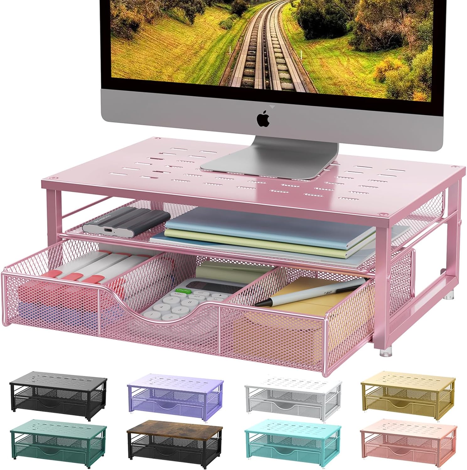 gianotter Computer Monitor Stand Riser, office organizer with Drawer, Office Organizers Storage for Classroom Office Supplies (Pink)