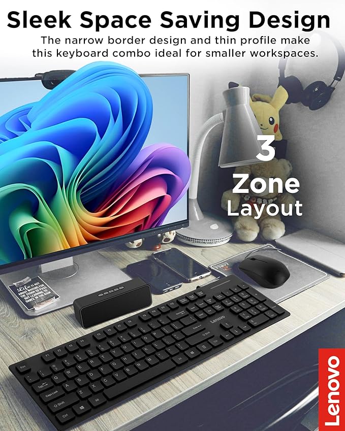 Lenovo 305 USB-C Wired Keyboard & Mouse Combo, Black, Spill-Resistant, Narrow Border, Adjustable Tilt, Full-Size Keyboard & Mouse, Compatible with Laptop, PC, Tablet, USB-C Connectivity Gaming Office