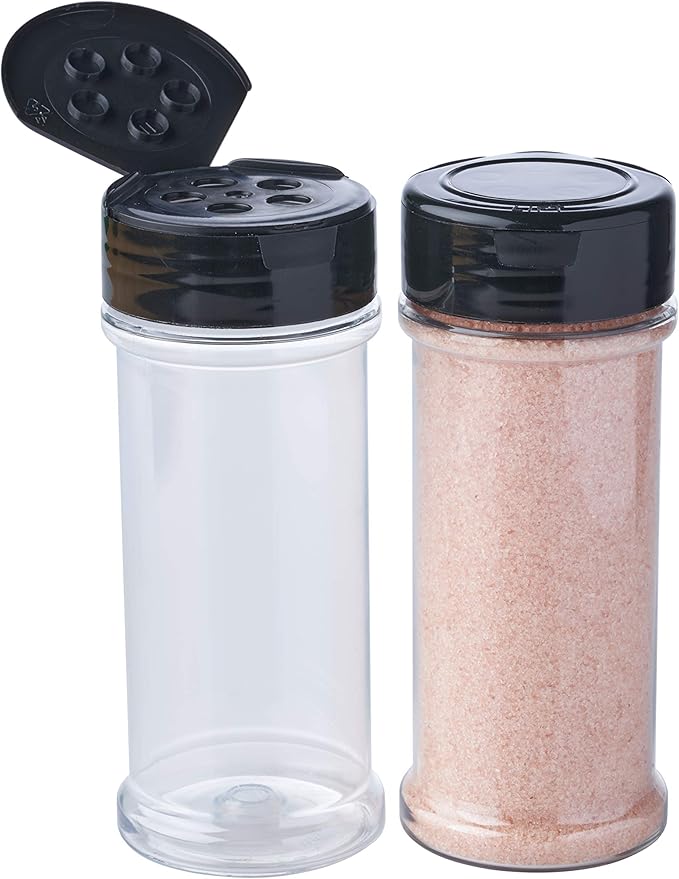 12 Pack of 6 Oz. Empty Clear Plastic Spice Bottles with Black Top Lids For Storing and Dispensing Salt, Sweeteners and Spices - Food-Grade Spice Jars for Kitchen and Home Spice Organization
