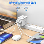 Universal International Power Travel Plug Adapter, 5 in 1 European Travel Plug Adapter W/ 3.5A 2xUSB-A and 2xUSB C Wall Charger and Worldwide AC Outlet for Europe USA UK AUS Asia (White Grey)