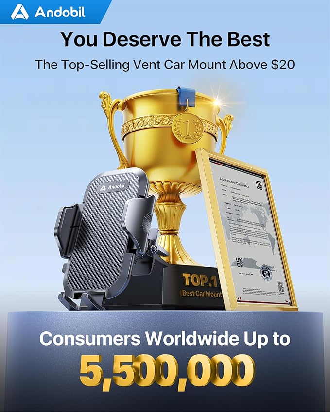 andobil Phone Holders for Your Car - Air Vent Phone Mount, Ultra-Stable Metal Clip with Anti-Shake & 360° Rotation, Universal Car Mount Fit iPhone 16/15/14/13/12 Pro Max/Android/Samsung Galaxy
