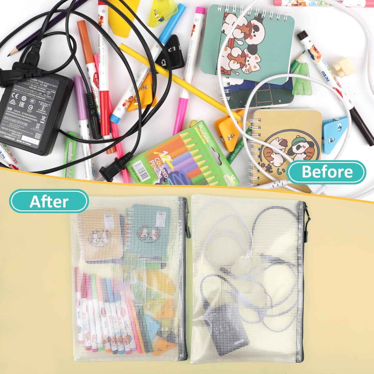 12pcs Mesh Zipper Pouch Bags, A5 Storage Bag for Organizing, File Bags for Office, Board Games and Home Supplies