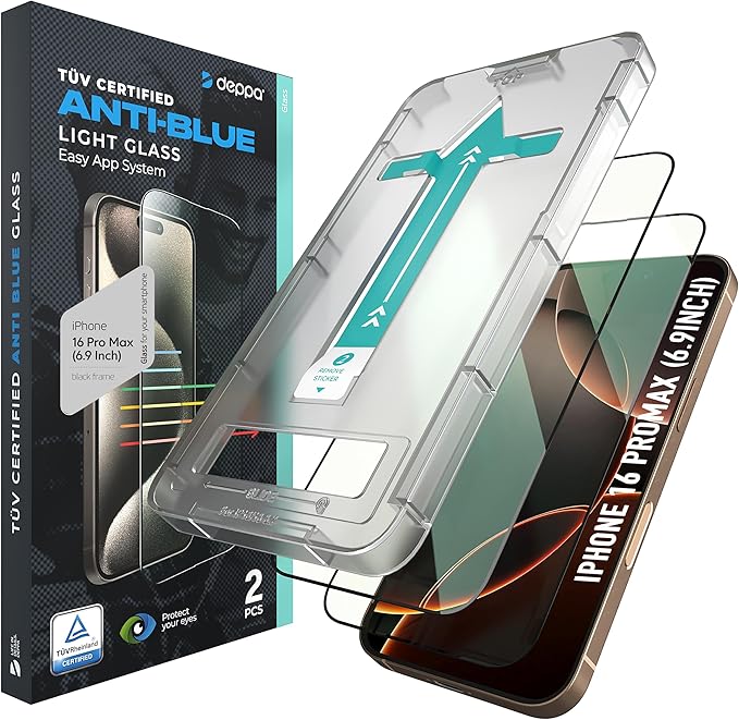 Deppa |2 Pack| for iPhone 16 Pro Max (6.9') Anti-Blue Light Screen Protector '| Scratch Resistant Tempered Glass | 3D Edge to Edge Coverage | Easy Installation Kit | Eye Safeguard TÜV Certified