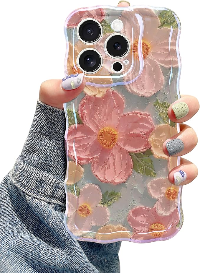 Jusy Case for iPhone 15 Pro, Colorful Retro Oil Painting Printed Flower Laser Blue Glossy Pattern Cute Curly Wave Phone Case Soft TPU Cover for Girly Women -Green