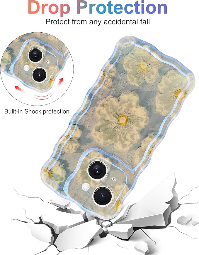 Jusy Compatible with iPhone 14, Colorful Retro Oil Painting Printed Flower Laser Glossy Pattern Cute Curly Wave Phone Case Soft TPU Cover for Girly Women -Light Blue