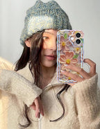 Jusy Compatible with iPhone 16 Plus, Colorful Retro Oil Painting Printed Flower Laser Glossy Pattern Cute Curly Wave Phone Case Soft TPU Cover for Girly Women - Light Purple