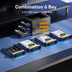 Hybrid 3*2.5/3.5" SATA HDD/SSD(2 HDDs Support 4 RAID Mode)+3* M / B+M Key M.2 NVMe Enclosure with Fan, USB A/C 3.2 Gen 2, Hard Drive Enclosure Support 90TB(3*22TB HDD+3*8TB 2230/42/60/80/110 SSDs)