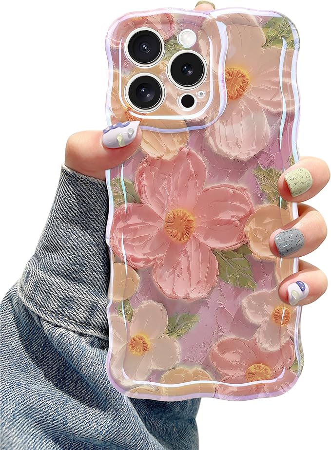Jusy Case for iPhone 15 Pro Max, Colorful Retro Oil Painting Printed Flower Laser Blue Glossy Pattern Cute Curly Wave Phone Case Soft TPU Cover for Girly Women -Pink