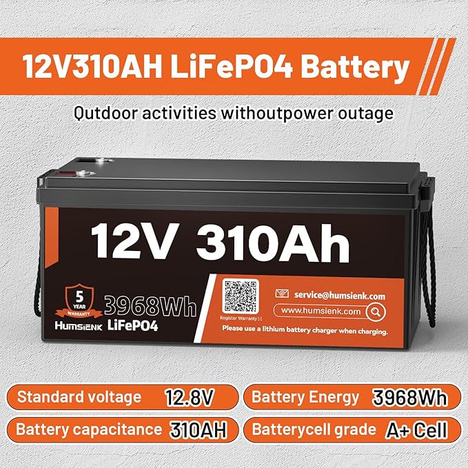 12V 310Ah LiFePO4 Lithium Battery – Max. 3968Wh Solar/RV/Off-Grid Power,15000+ Deep Cycles, 100A BMS,Low-Temp Protection,A+ Grade Cells for Marine, Trolling Motor, Home Energy Storage (1 Pack)