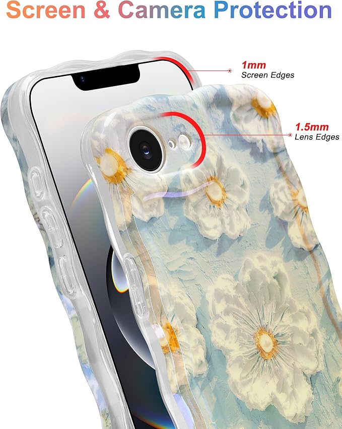 Jusy Compatible with iPhone 16e, Colorful Retro Oil Painting Printed Flower Laser Glossy Pattern Cute Curly Wave Phone Case Soft TPU Cover for Girly Women - Light Blue