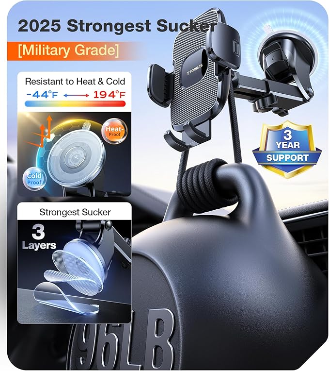 TORRAS [Ultra-Durable Cell Phone Holder for Car, Universal Mount Dashboard Windshield Vent Compatible with iPhone 16 15 14 13 12 Pro Max, Samsung Galaxy S23+ Ultra S10 Note Plus