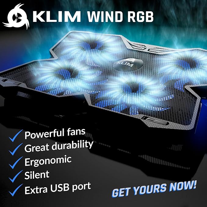 KLIM Wind Laptop Cooling Pad - More Than 500 000 Units Sold - New Version - The Most Powerful Rapid Action Cooling Fan - Laptop Stand with 4 Cooling Fans at 1200 RPM - USB Fan - PS5 PS4 - RGB