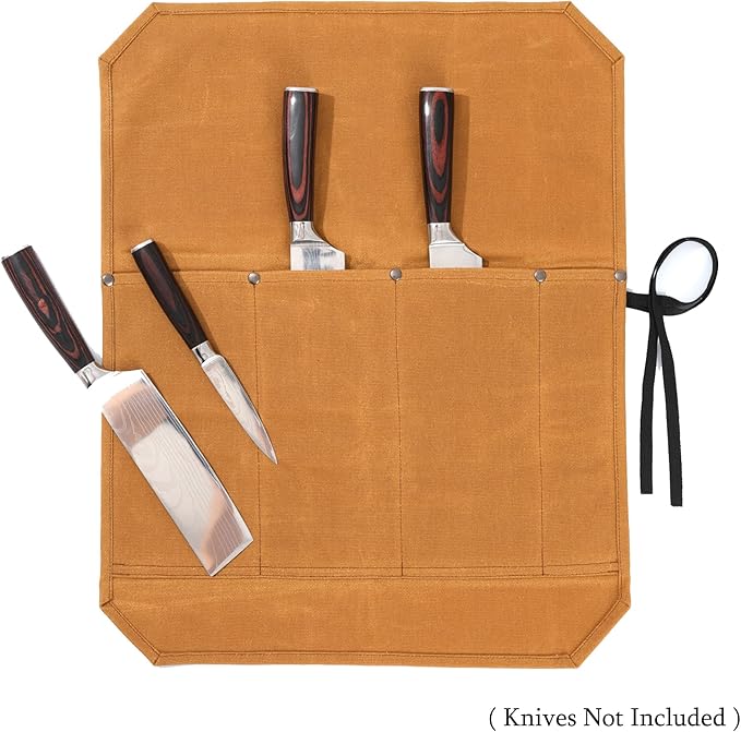 Knife Roll Bags, 16oz Waxed Canvas Knife Holder (4 Slots & Specialized Anti Cutting Fabric), Multi-Purpose Knife Pouch with Tie Rope, Khaki