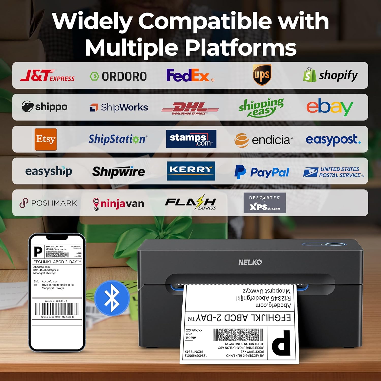 Nelko Bluetooth Thermal Shipping Label Printer, Wireless 4x6 Shipping Label Printer for Small Business, Support Android, iPhone and Windows, Widely Used for Amazon, Ebay, Shopify, Etsy, USPS