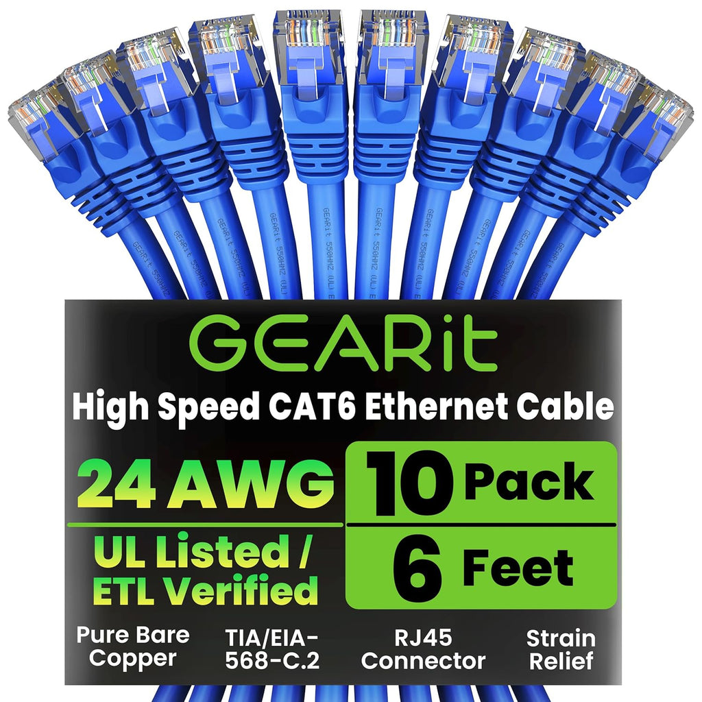 GEARit Cat 6 Ethernet Cable Pack - 10-Pack 6 ft Cat6 Ethernet Patch Cables | RJ45 Network Patch Cable, 10 Gbps Snagless Gold-Plated Connectors - Ethernet Cable Cat 6 for PC, TV, Router - Blue