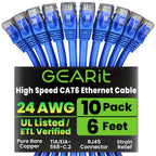 GEARit Cat 6 Ethernet Cable Pack - 10-Pack 6 ft Cat6 Ethernet Patch Cables | RJ45 Network Patch Cable, 10 Gbps Snagless Gold-Plated Connectors - Ethernet Cable Cat 6 for PC, TV, Router - Blue