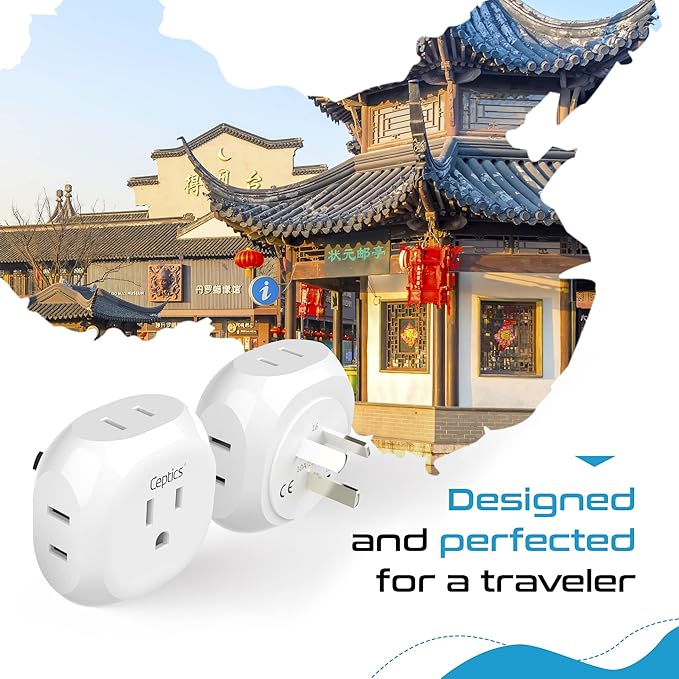 Ceptics Australia, New Zealand, China Travel Plug Adapter by - 4 Input - USA to Any Type I Countries Such as New Zealand, Argentina and More - 4 Pack (PT-16), White (PT-16-4PK)