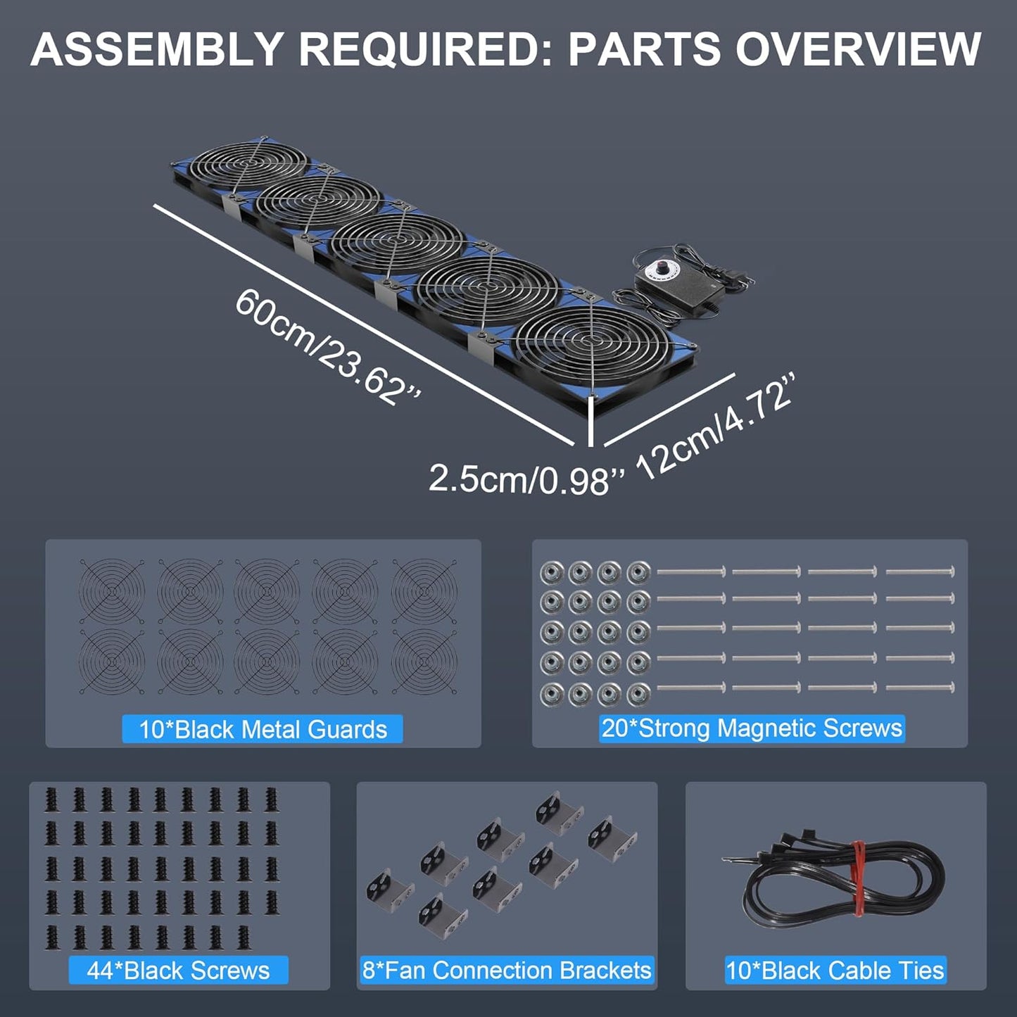 120mmx5 600mm Adjustable Computer PC Vent Fans 3V-12V Speed Controller for Flexible Arrange Rack Space Window Wall Cabinet Server Mining Rig Chicken Coop Exhaust Cooling
