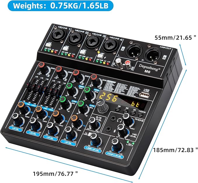 Depusheng M6 Portable Mini Mixer 6-Channel Audio Mixer DJ Console with Sound Card, Bluetooth Function, USB, 48V Phantom Power for PC Recording Webcast Party with 256 DSP