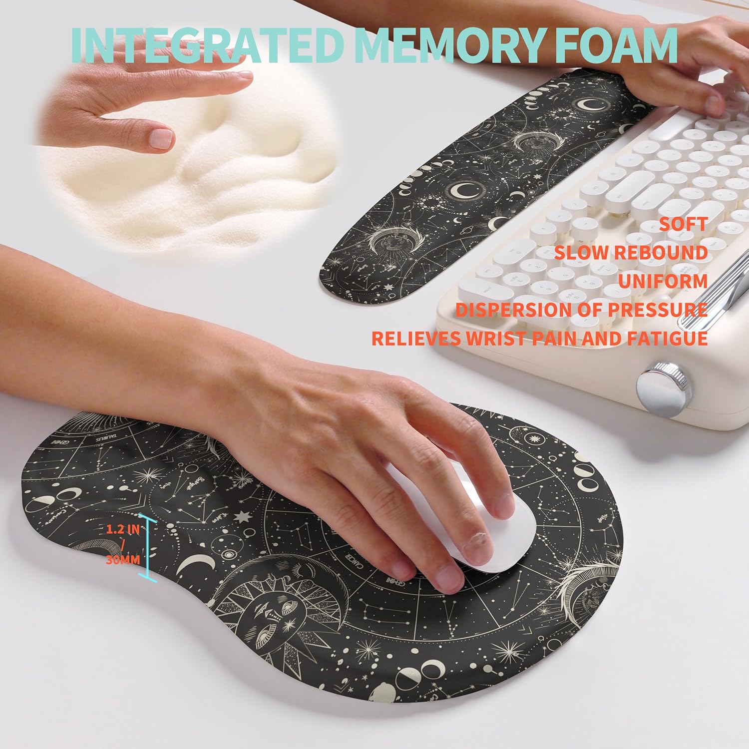 2-in-1 Ergonomic Set, Wave Rise Keyboard Wrist Rest and Massage Bulge Slope Mouse Pad Wrist Support, Cushion Memory Foam Integrated to Relieve Wrist Pain, Constellation