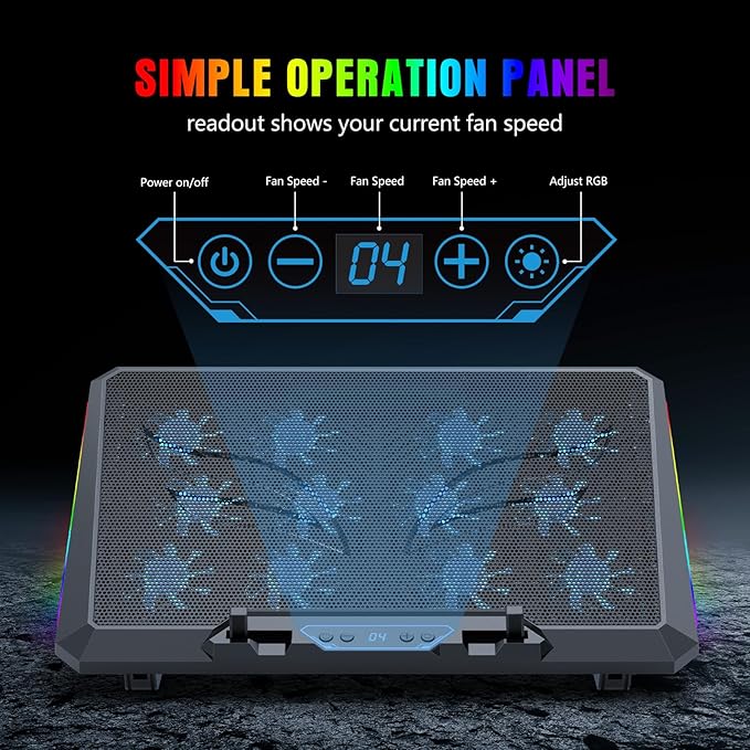 Laptop Cooling Pad with 12 Quiet Fans, Slim Portable for 12-17.3 Inch Laptop Cooler Stand, RGB Lighting, with 5 Height Adjustable, Gaming Cooling Fan Pad, USB/Type-C & Phone Holder (LCD)