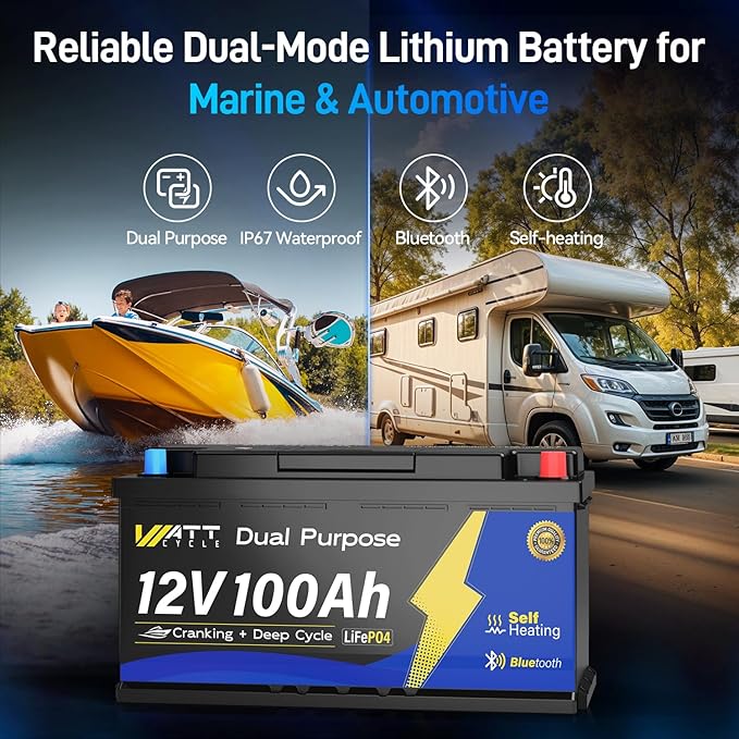12V 100Ah Marine Starting LiFePO4 Battery Bluetooth, [Cranking &Deep Cycle] Lithium Battery with Self-Heating, Built-in 200A BMS, Perfect for Trolling Motor, RV, Marine, Boat