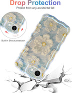 Jusy Compatible with iPhone 16e, Colorful Retro Oil Painting Printed Flower Laser Glossy Pattern Cute Curly Wave Phone Case Soft TPU Cover for Girly Women - Light Blue