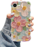 Jusy Compatible with iPhone 16e, Colorful Retro Oil Painting Printed Flower Laser Blue Glossy Pattern Cute Curly Wave Phone Case Soft TPU Cover for Girly Women -Green