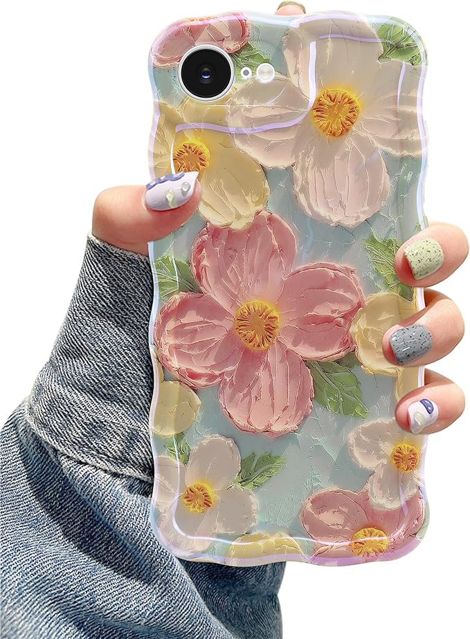Jusy Compatible with iPhone 16e, Colorful Retro Oil Painting Printed Flower Laser Blue Glossy Pattern Cute Curly Wave Phone Case Soft TPU Cover for Girly Women -Green