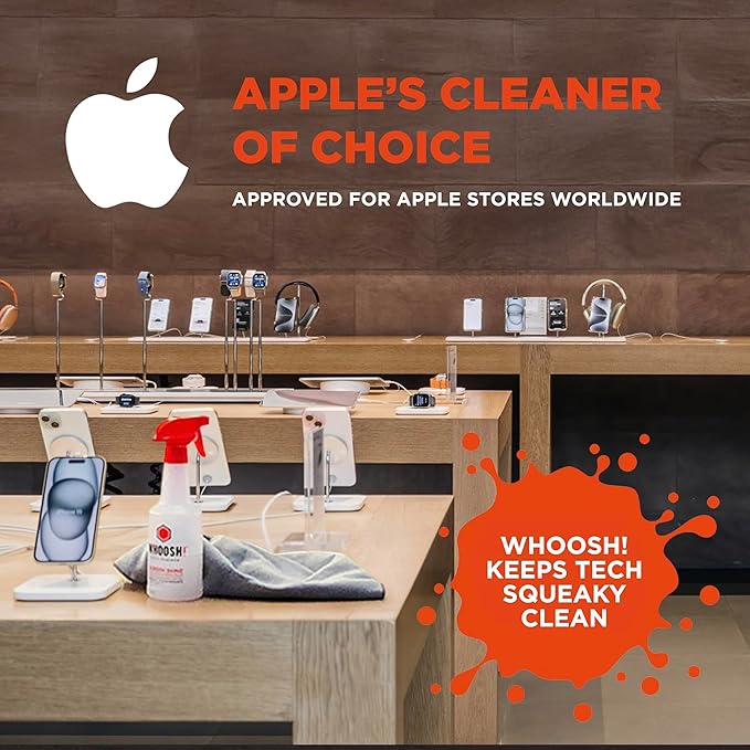 WHOOSH! Screen Shine Pro 16.9 fl oz Refillable Screen Cleaner for TV, OLED, and Monitors – Streak-Free Spray with Microfiber Cloth – Safe for Flat Screen, LCD, Smart Displays – Non-Toxic and Odorless