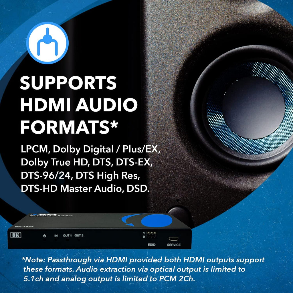 OREI 8K HDMI Splitter 1 X 2, Duplicate with Audio Extractor UltraHD Supports Upto 4K @ 120Hz IR EDID HDCP 2.3 - (BK-102A) (1x2 - Audio Out)
