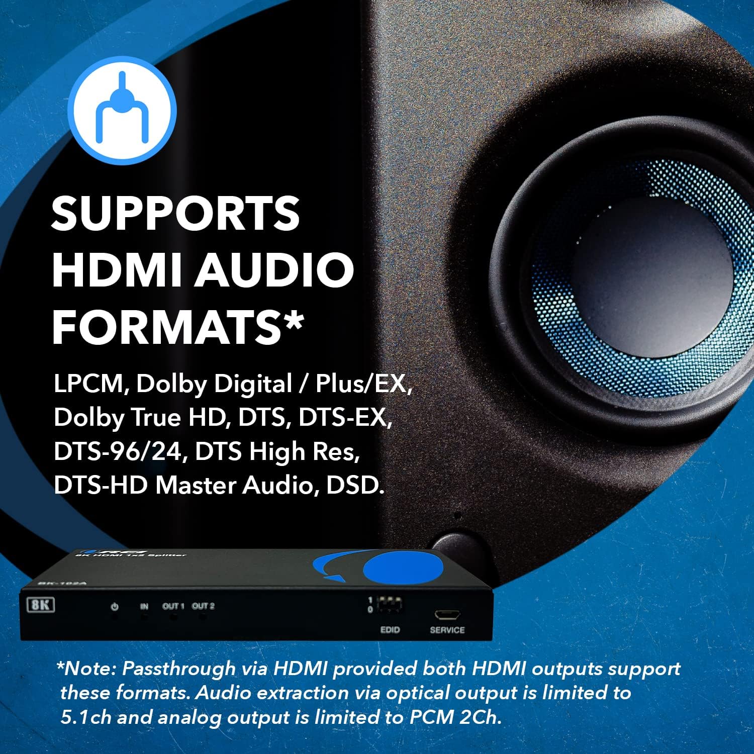 OREI 8K HDMI Splitter 1 X 2, Duplicate with Audio Extractor UltraHD Supports Upto 4K @ 120Hz IR EDID HDCP 2.3 - (BK-102A) (1x2 - Audio Out)