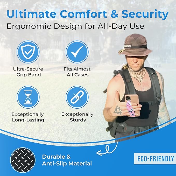 Phone Grip Strap - Reversible Finger Holder for Phone Back, Customizable Anti-Slip Design, Wireless Charging Compatible Detachable Holder for iPhone - White on Black