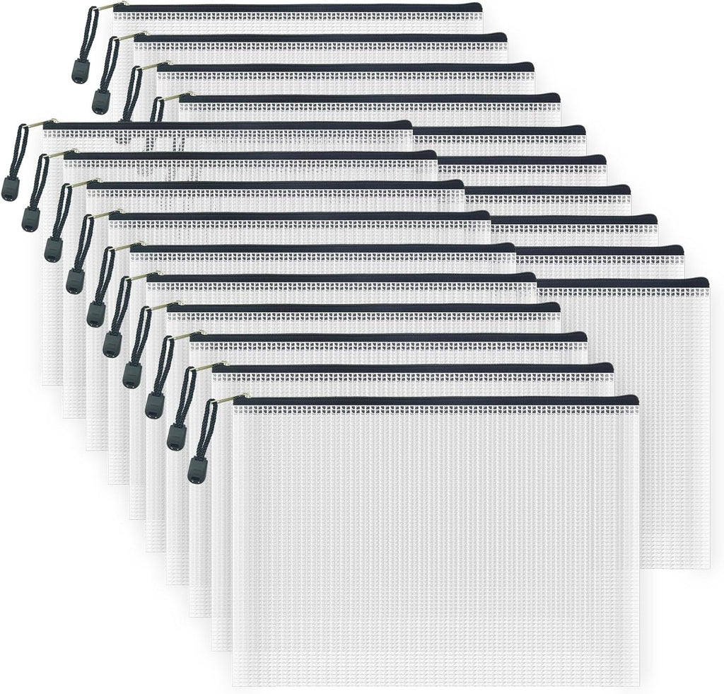 AUSTARK 20 Pcs Zipper File Bags, Plastic Mesh Pouch, Board Game Storage Bag, Waterproof Bags for Office School (B5 Size 11.4''x8.2'', White and Black)