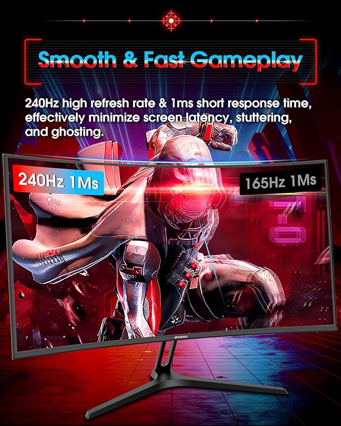 SANSUI 27 Inch Curved 240Hz Gaming Monitor FHD 1080P, 1500R Curve Computer Monitor, 130% sRGB, 4000:1 Contrast, HDR, FreeSync, MPRT 1Ms, Low Blue Light, HDMI DP Ports, Metal Stand, DP Cable Incl.