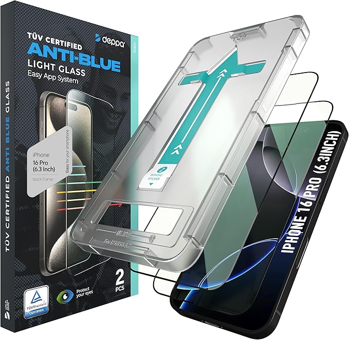 Deppa |2 Pack| for iPhone 16 Pro (6.3') Anti-Blue Light Screen Protector | Scratch Resistant Tempered Glass | 3D Edge to Edge Coverage | Easy Installation Kit | Eye Safeguard TÜV Certified