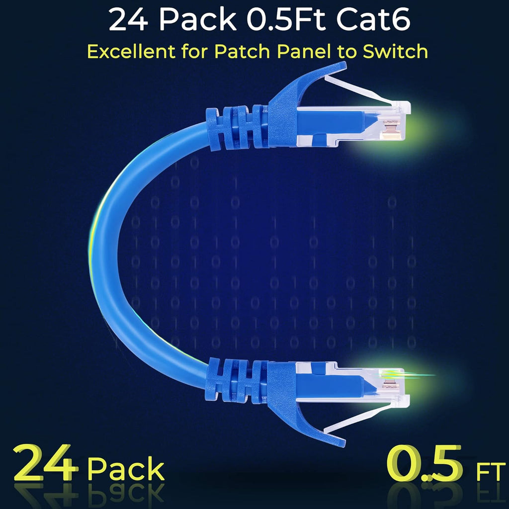 Rapink Patch Cables Cat6 0.5ft (24 Pack), Ethernet Patch Cable 10G, Cat 6 Patch Cable for Patch Panel to Switch, Flexiable Cat 6 Ethernet Cable with Gold Plated Blue