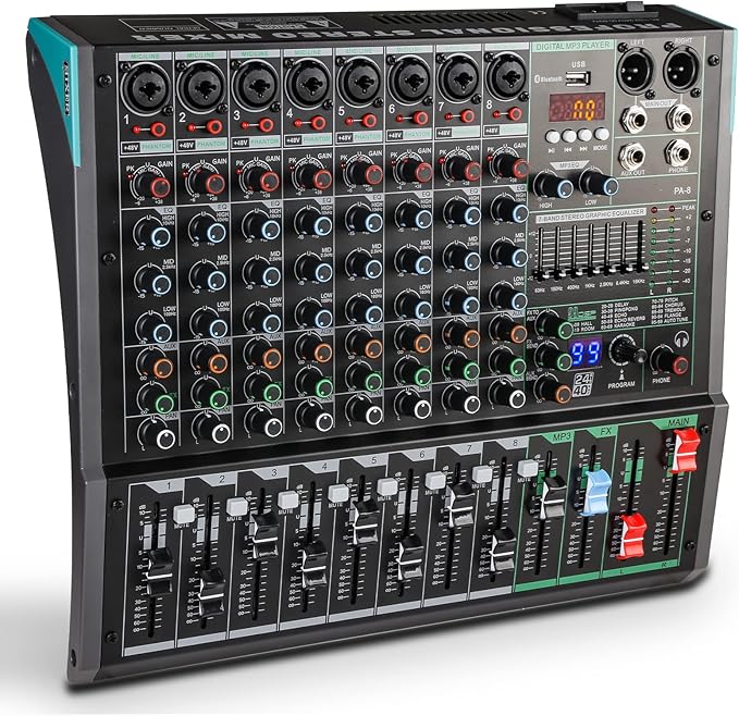 8 Channel Dj Mixer, Dj Board for Pa Stage systems with 99 Kinds of DPS Digital Effects,Echo+Delay Effect,Mic/Line XLR+6.35mm Input, AUX, Usb,MP3 Player,Recording Headphone Jack,PA-8