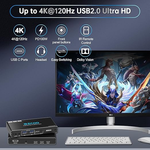 4K@120Hz USB-C HDMI2.1 KVM Switch for 2 Laptops with 2 USB 2.0 Ports L/R MIC Out Share 1 Monitors Keyboard Mouse Hard Drive Printer