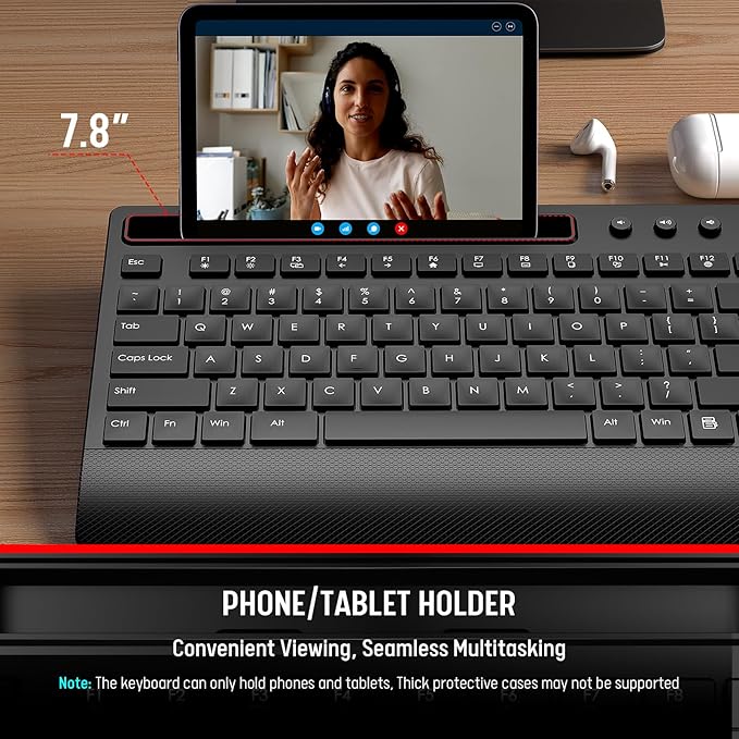 Trueque Wireless Keyboard and Mouse Combo - Full-Size Quiet Keyboard with Palm Rest, Phone Holder, Multimedia Keys, Power Switch, Compatible with Windows, Chrome OS, PC, Laptop (Batteries Included)