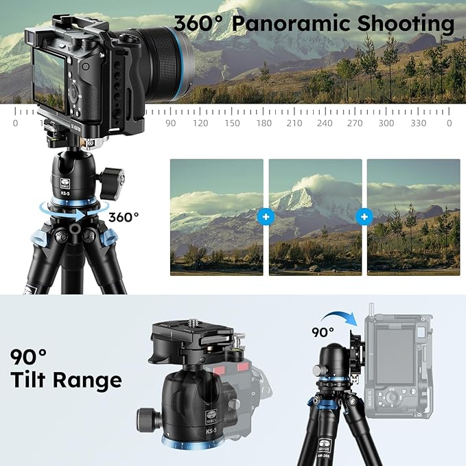 SIRUI Mini Tripod with 360° Panoramic Ball Head, Tabletop Travel Tripod for Camera, Quick Release System, Max Load 33lbs/15KG, Max Height 16.7”, AM-203+KS-5 (AM-203+KS-5)