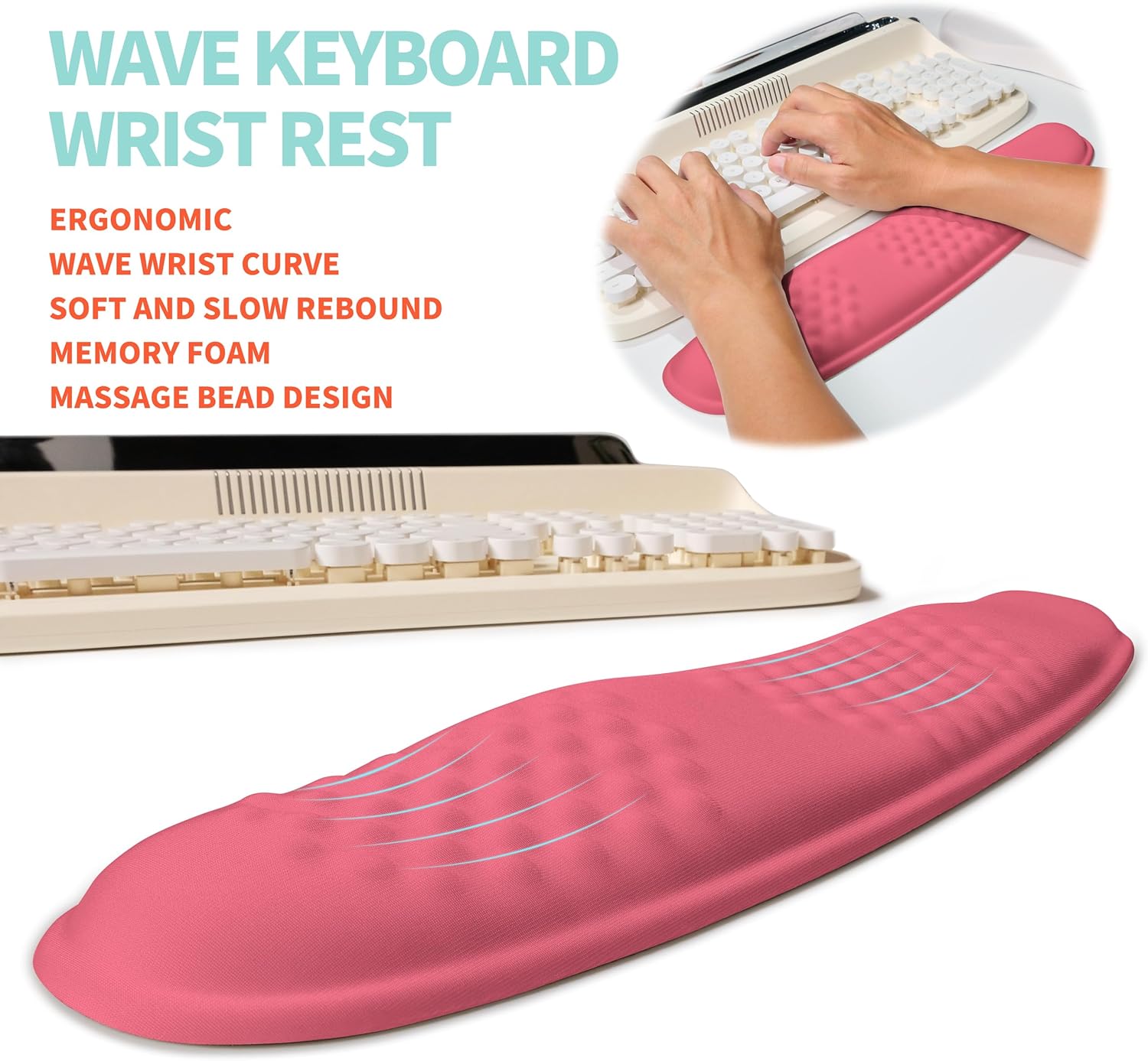 2-in-1 Ergonomic Set, Wave Rise Keyboard Wrist Rest and Massage Bulge Slope Mouse Pad Wrist Support, Cushion Memory Foam Integrated to Relieve Wrist Pain, Muskmelon Pink