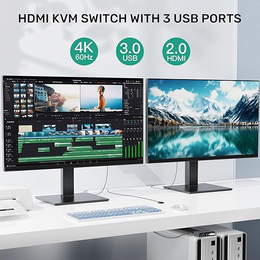 HDMI KVM Switch 2 Monitors 2 Computers, Dual Monitor KVM USB Switcher 4K@60Hz, HDMI Extended/Mirror Display for 2 PC Share 2 Monitors, with 3 USB 3.0 Port, Desktop Controller and 2 USB Cables
